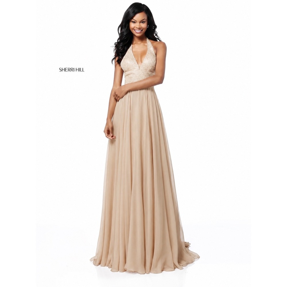 Sherri Hill 51640 Nude Sequin Halter Chiffon Gown Size 8 NWT